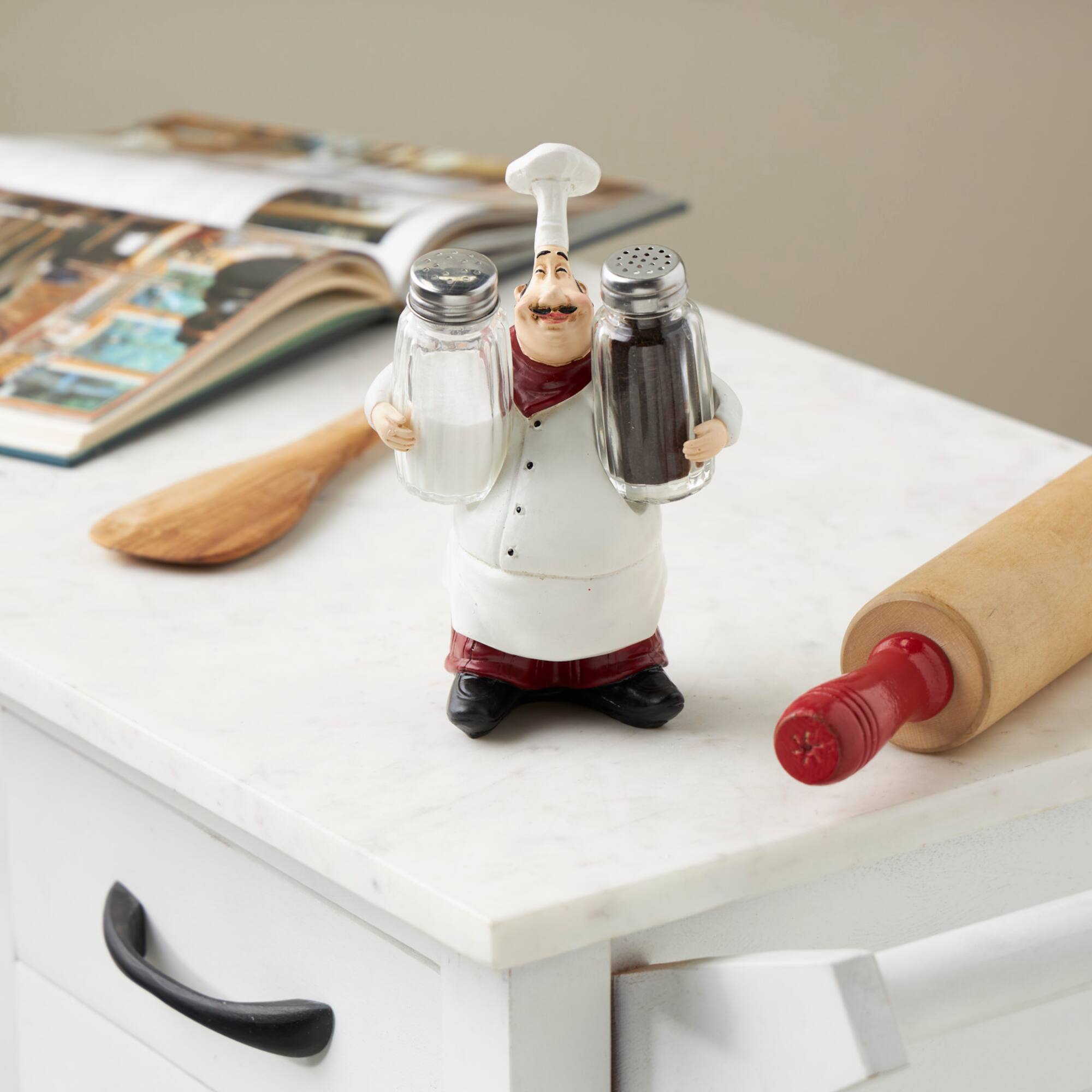 8" White Polystone Chef Figurine Salt & Pepper Shaker Holder with Red Accents